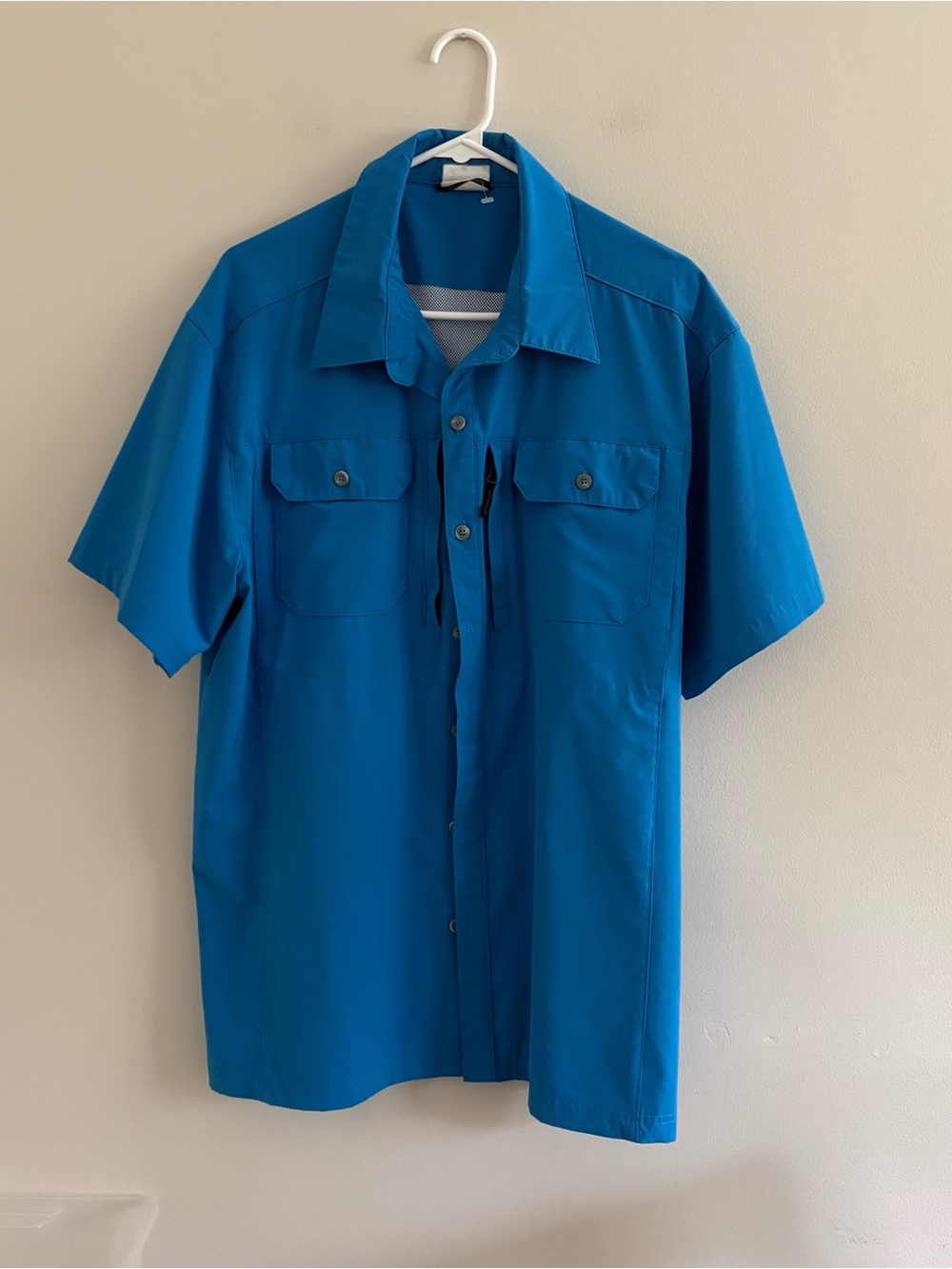 Men’s Large Blue Short Sleeve Fishing Outdoors Shirt Electric Pockets Summer P7